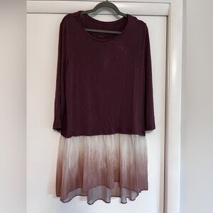 LOGO by Lori Goldstein Slub Knit & Top with Ombre Chiffon Hem Maple Large